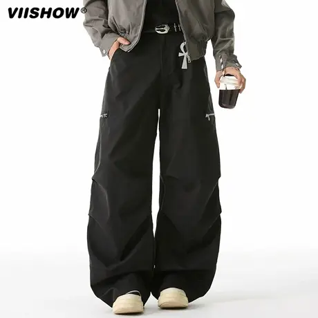 VIISHOW美式复古做旧褶皱感休闲裤男潮牌宽松拖地cleanfit工装裤商品大图