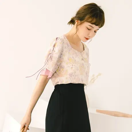 桔熊夏季洋气小衫泼墨渲染印花抽绳短袖上衣少女大码AB13442图片