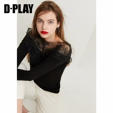 DPLAY德帕拉年早春品黑色V领拼接网纱蕾丝修身羊毛针织衫女商品大图