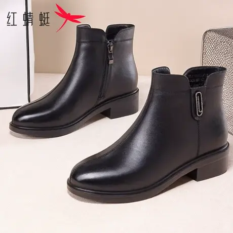 红蜻蜓女靴冬季真皮加绒短筒靴英伦风粗跟短靴保暖中年妈妈棉靴子商品大图