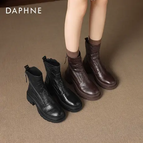 达芙妮厚底短靴女2026新款冬季加绒粗跟英伦风马丁靴圆头瘦瘦靴子图片