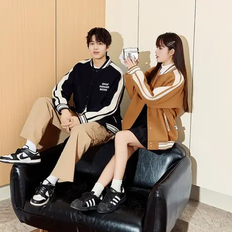 唐狮春季新款情侣外套男女毛呢针织棒球领宽松学生休闲外套TD商品大图