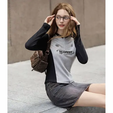 唐狮春秋季女长袖T恤立领拉链插肩袖修身显瘦百搭时尚设计感tuTA图片