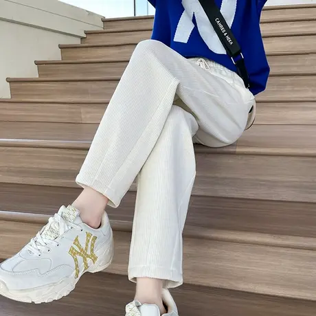 白色仿羊绒哈伦裤女高腰直筒九分裤秋冬新款小个子毛呢休闲萝卜裤商品大图