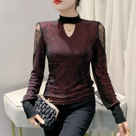 秋季欧货烫钻拼接T恤女长袖性感镂空网纱百搭上衣气质修身打底衫商品大图