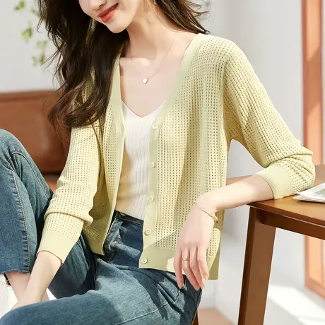 时尚气质针织开衫2023年春季新款淑女温柔 V领修身显瘦长袖上衣图片