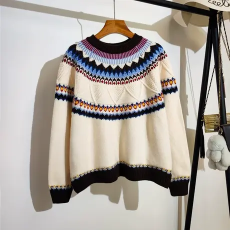 复古提花毛衣女外穿秋冬2023新款宽松圆领休闲气质百搭打底针织衫商品大图