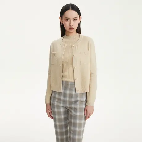 LANCY/悦朗姿秋季新款长袖修身长袖羊毛针织外套圆领女装图片