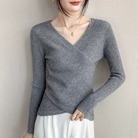 法式小香风交叉V领长袖针织衫女2023早秋新品西装内搭修身打底衫商品大图