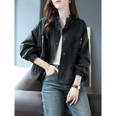 宝诗黎小立领拼接单排扣气质开衫外套2023秋季新款落肩长袖上衣女图片