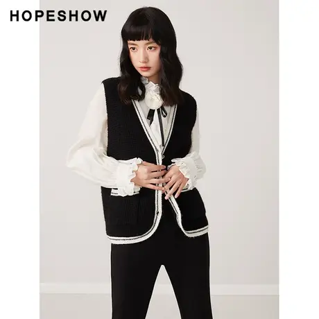 红袖outlets香风撞色V领开衫hopeshow2023秋款单排扣马甲针织衫商品大图