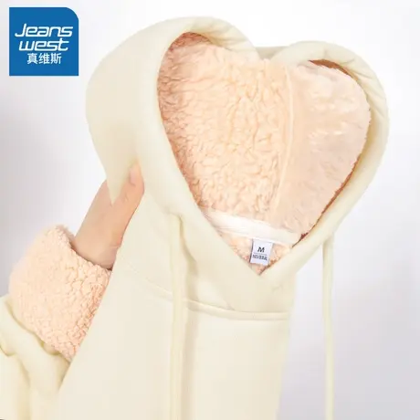 VR真维斯卫衣女外套连帽秋冬季2023新款杏色加绒加厚羊羔绒女上衣商品大图