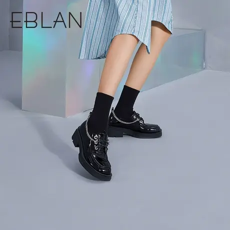 EBLAN伊伴春季新款时尚厚底JK鞋休闲链条牛津鞋黑色系带单鞋商品大图