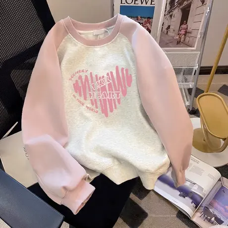 减龄小众卫衣女oversize洋气粉色秋冬上衣ins复古拼接插肩袖外套商品大图