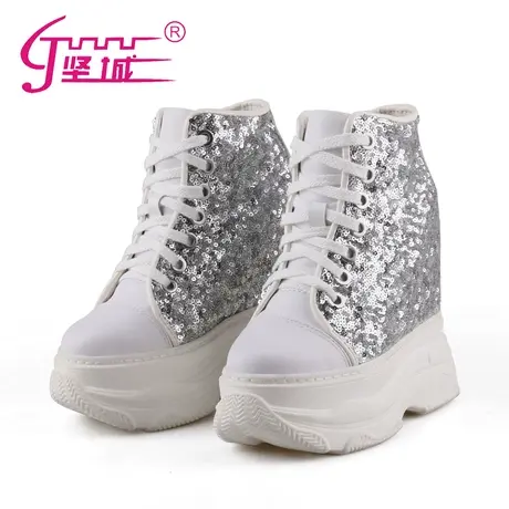 真皮14cm内增高运动鞋女休闲防水台亮片松糕高帮鞋坡跟厚底老爹鞋商品大图