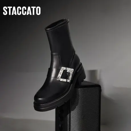 思加图冬季新款洋气瘦瘦靴粗跟厚底时装靴黑色靴EEZ17DZ3B商品大图