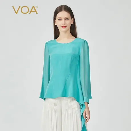 VOA30姆米重磅桑蚕丝圆领乔其长袖做旧工艺束腰尖角摆清爽透气T恤图片