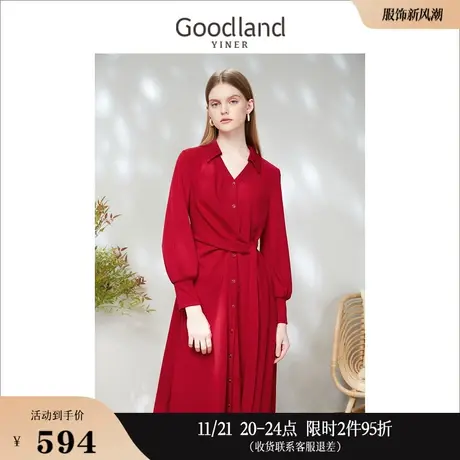 Goodland美地女装2023春季系带收腰V领连衣裙图片