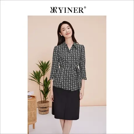 YINER音儿女装2023春季新款LOGO印花收腰设计感长袖衬衫图片