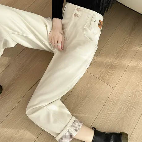 米白色加绒牛仔裤女春秋季加厚高腰显瘦直筒宽松小个子老爹哈伦裤图片