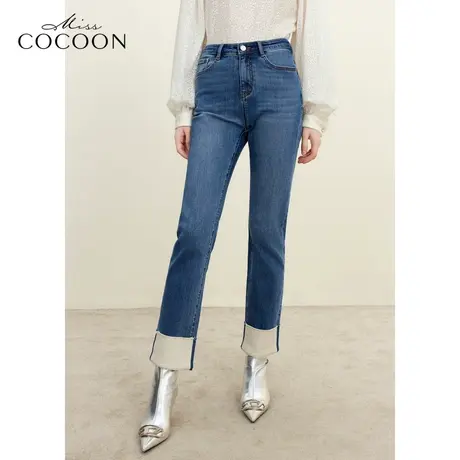 MISSCOCOON百搭高腰直筒裤2023冬季新女时尚脚口宽折边毛边牛仔裤商品大图