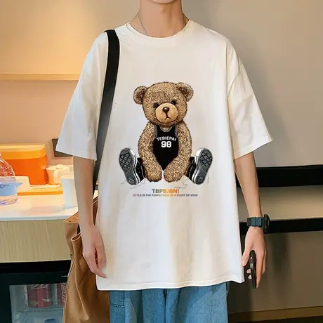 港风小熊纯棉短袖T恤男ins潮牌夏季新款情侣装上衣服宽松半袖体恤商品大图