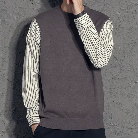 奕飏文艺青年假两件拼接设计毛衣男秋季个性帅气秋装针织衫潮条纹图片