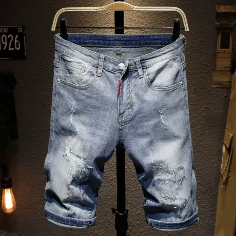 夏天男士牛仔短裤潮男中裤破洞牛仔五分裤男日系乞丐裤男韩版马裤商品大图