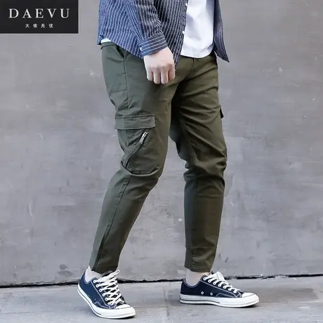春新款军绿潮胖子束脚弹力大号加肥加大码大兜休闲棉布男士工装裤商品大图
