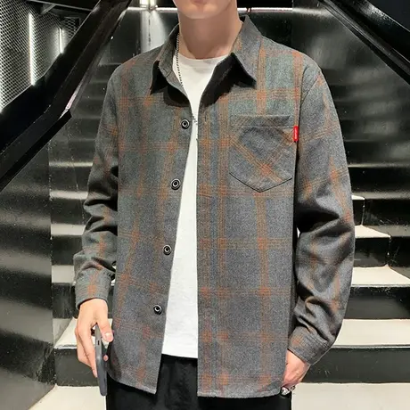 格子衬衫男春秋宽松透气休闲百搭帅气长袖潮流学生青少年衣服衬衣商品大图
