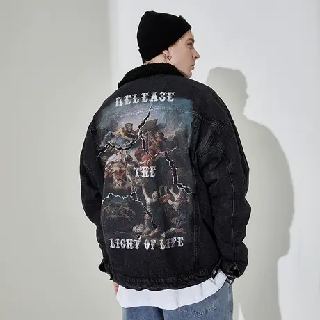 木村三社SANSYAS 开裂复古油画印花羊羔绒牛仔外套潮牌男方领夹克商品大图