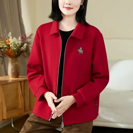 翻领短外套女春秋2024年新款时尚宽松拉链卫衣开衫中年妈妈夹克衫商品大图