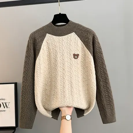 秋冬新款针织宽松半高领拼色插肩袖百搭加厚套头麻花毛衣女打底衫商品大图