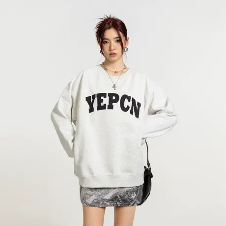 2024新款美式灰色卫衣女春秋宽松oversize原创小众圆领上衣ins潮商品大图