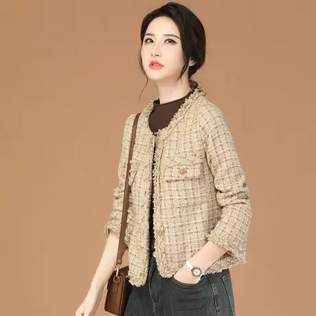 韩潮袭人高级感小香风圆领格纹外套女2023冬季新款百搭显瘦棉服商品大图