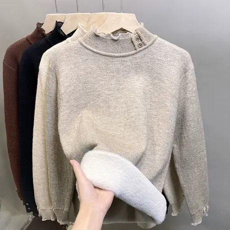 加绒半高领毛衣女一体绒加厚打底衫2023秋冬新款针织衫内搭上衣潮商品大图