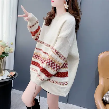 日系复古条纹软糯圆领毛衣女秋冬2023新款宽松慵懒风加厚针织上衣商品大图