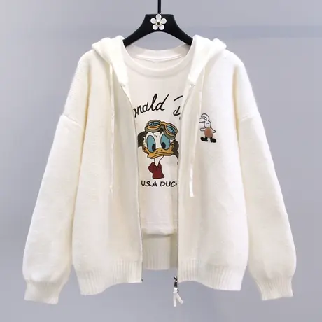 日系刺绣卡通连帽毛衣外套女秋冬2023新款宽松慵懒风休闲针织开衫商品大图