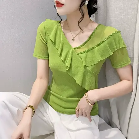 设计感荷叶边T恤女短袖洋气性感小衫钉珠V领网纱上衣时尚修身半袖图片