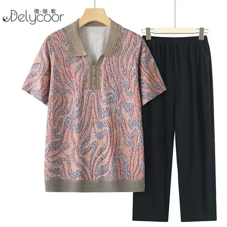 妈妈夏装2024新款洋气中老年女时尚套装奶奶短袖T恤小衫针织上衣商品大图