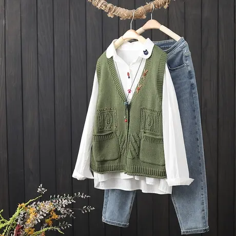 复古文艺针织马甲女秋季新款刺绣V领镂空无袖单排扣开衫马夹背心商品大图