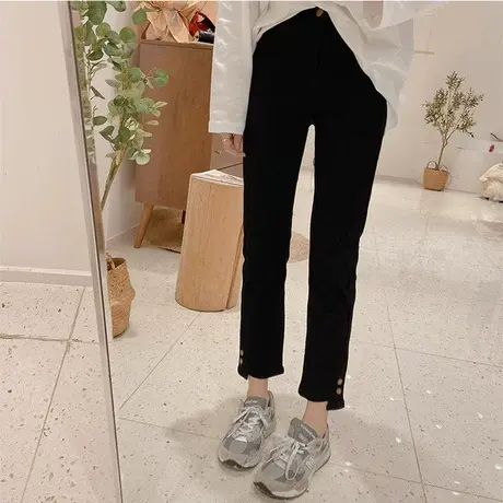 梨形身材裤子高腰显瘦黑色开叉直筒牛仔裤女春款弹力九分裤烟管裤商品大图