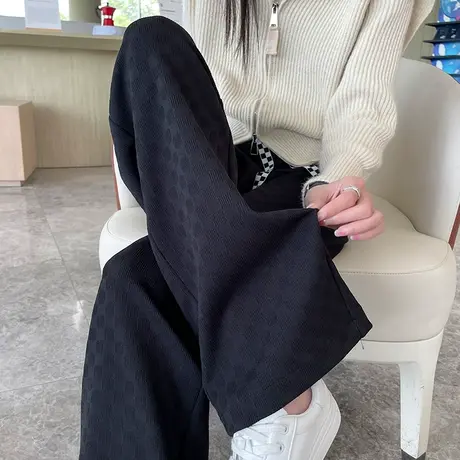 黑色棋盘格阔腿裤女宽松直筒秋冬针织高腰显瘦休闲垂感小个子裤子图片
