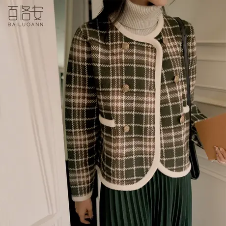 百洛安复古多色格纹毛衣外套女短外搭秋冬款双排扣长袖针织开衫厚图片