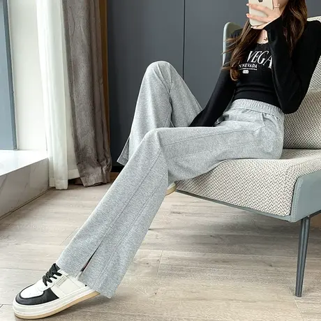 开叉窄版阔腿女春秋款2024灰色高腰显瘦垂感直筒松紧腰休闲运动裤图片