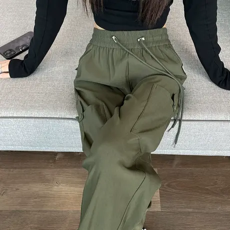 军绿色工装裤女春秋新款运动高腰美式束脚显瘦宽松百搭休闲哈伦裤商品大图