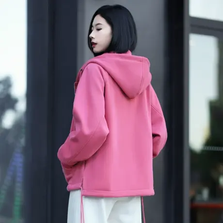 今年流行的漂亮玫红色加绒卫衣外套女秋冬款加厚中长款小个子带帽图片