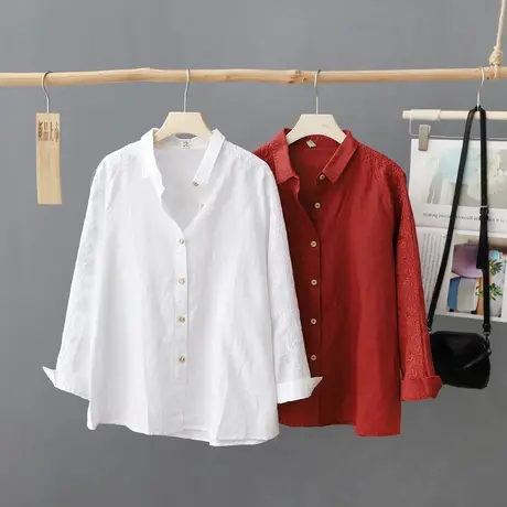 简约文艺风纯色白色衬衫女长袖刺绣棉麻衬衣秋装新款休闲亚麻上衣商品大图