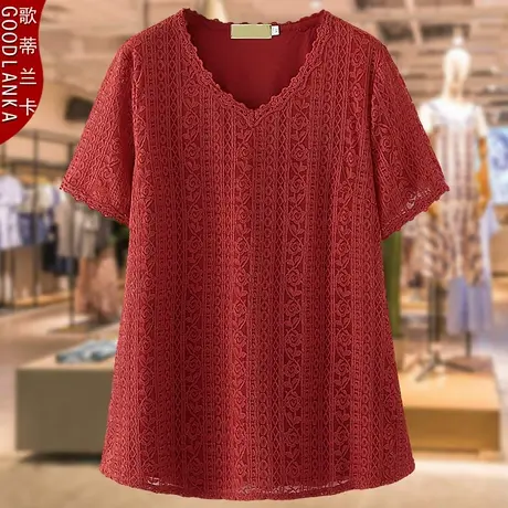 中年妈妈夏装蕾丝上衣女宽松200斤时尚加肥加大码女装V领中长小衫商品大图