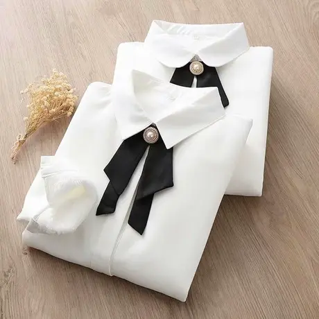 文艺小清新白色不透雪纺加绒衬衫女长袖保暖冬新款加厚衬衣蝴蝶结图片